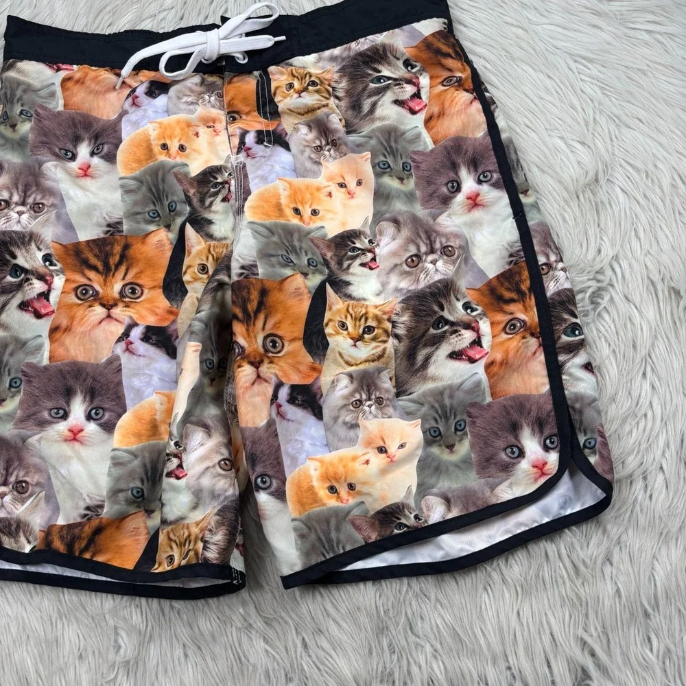 Bioworld Men's L Kitten Cat Face Printed Swim Trunks Shorts Mesh Liner Novelty